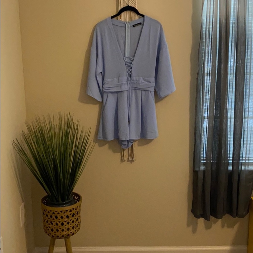 Powder/Light Blue Loose V-Neck Tie Front Romper